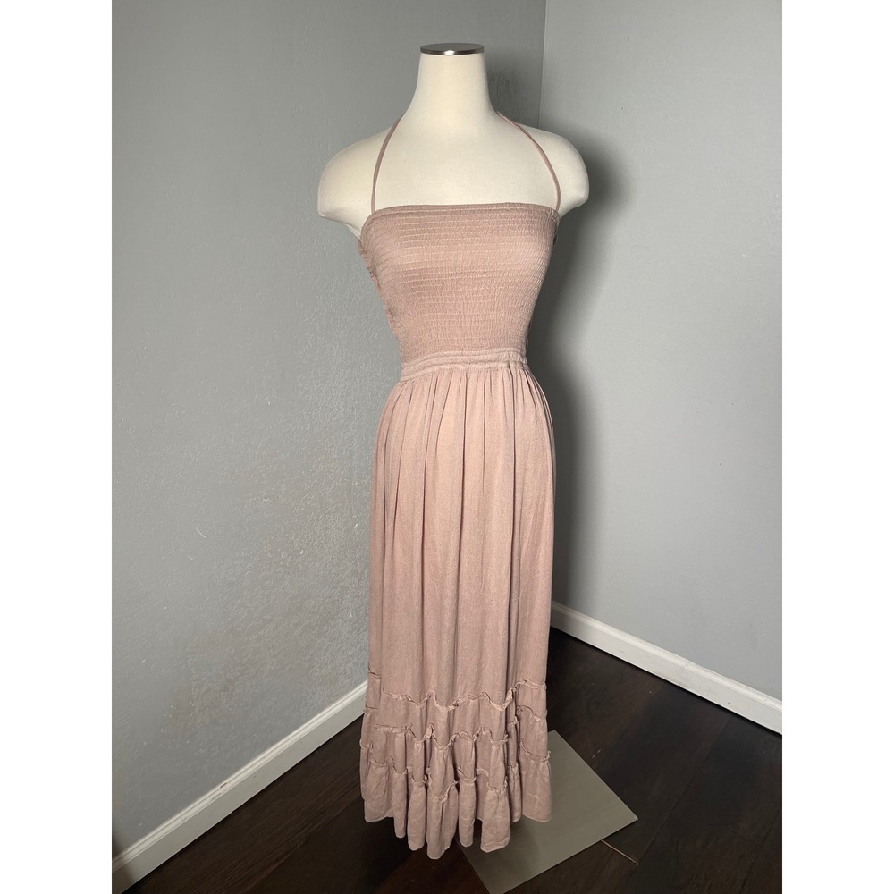 R.Vivimos Womens Smocked Halter Maxi Dress Dusty Rose Open Back Boho Tiered M